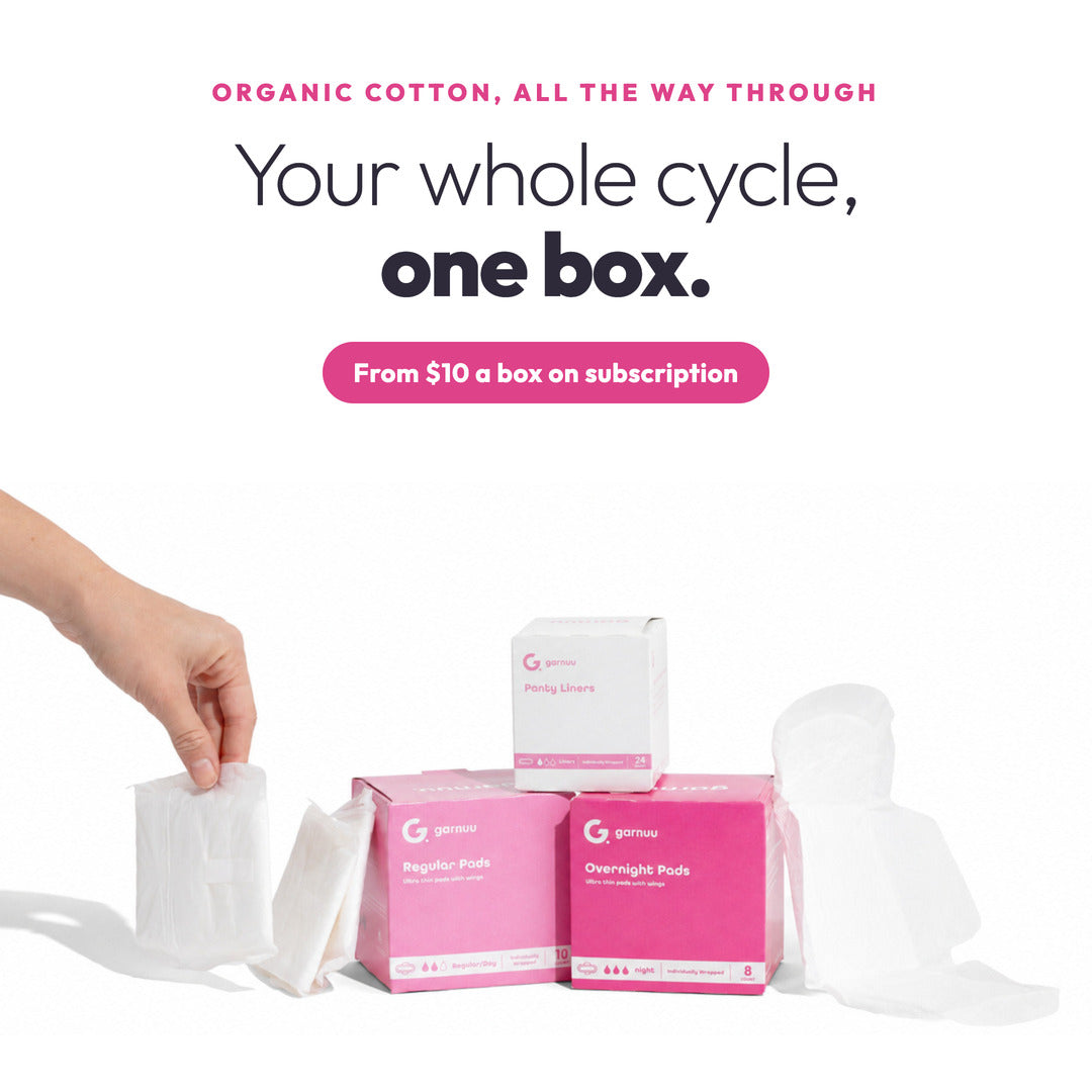 Your whole cycle, one box: Garnuu Overnight Pads, Regular Pads and Panty Liners, from $10 a box on subscription